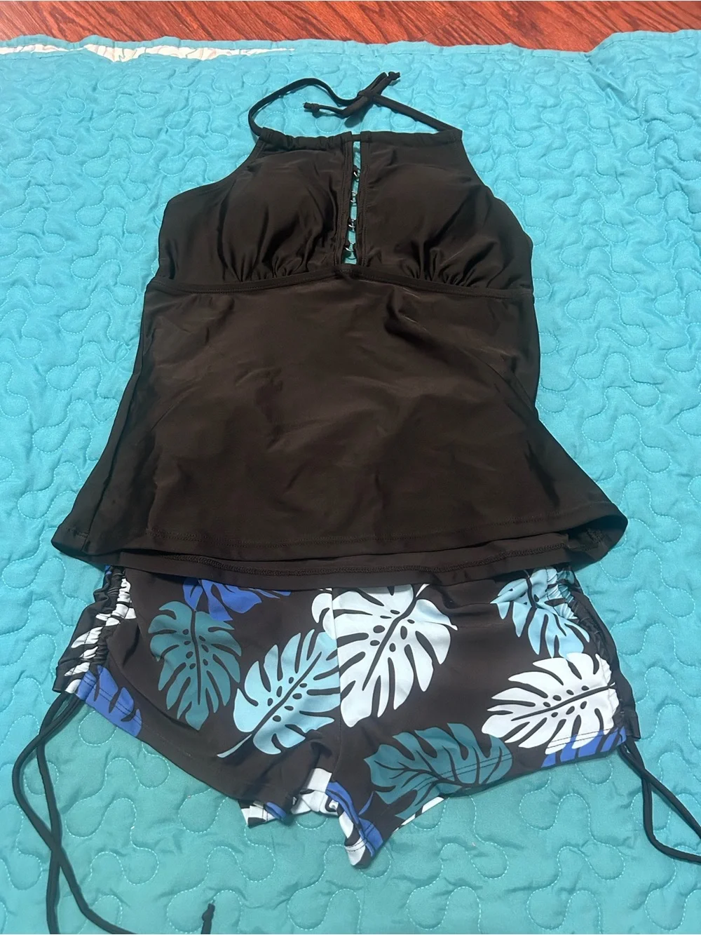 Amazon Black Halter Tankini Top with Blue & Teal Tropical Swim Shorts